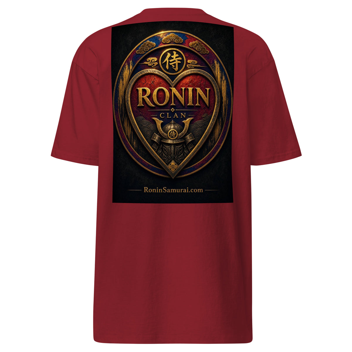 Royal Crest Ronin Clan Tee, brick red back: gilded red-and-gold heart shield with the 侍 seal, RONIN CLAN and kabuto emblem