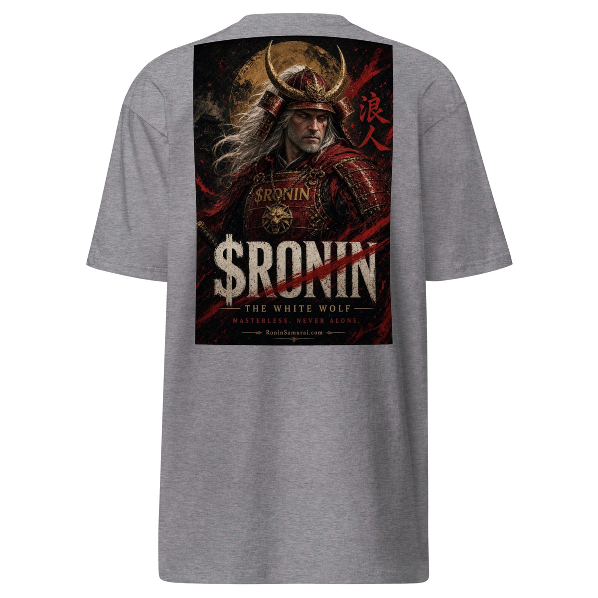 Silver-Haired Ronin Tee, carbon grey back: back print of a silver-haired, scarred warrior in crimson armor and gold-horned kabuto under a bold $RONIN title