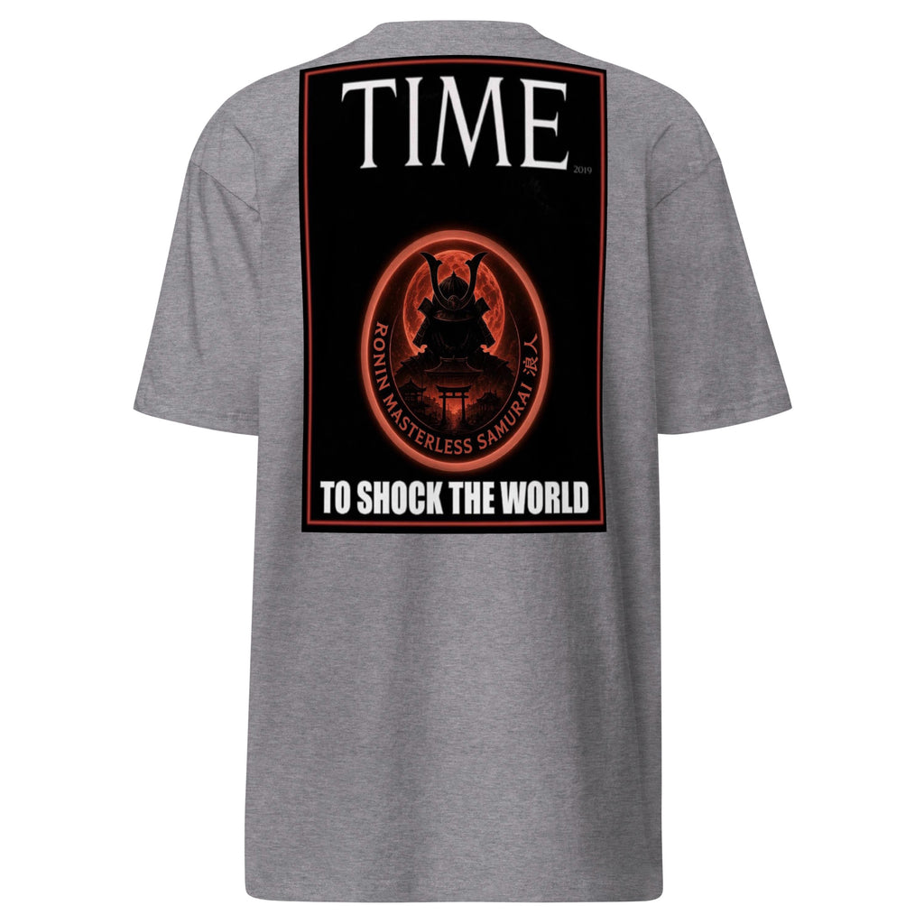 Ronin Cover Story Tee, carbon grey back: back print of a red-framed cover-style poster with the round RONIN samurai seal and TO SHOCK THE WORLD
