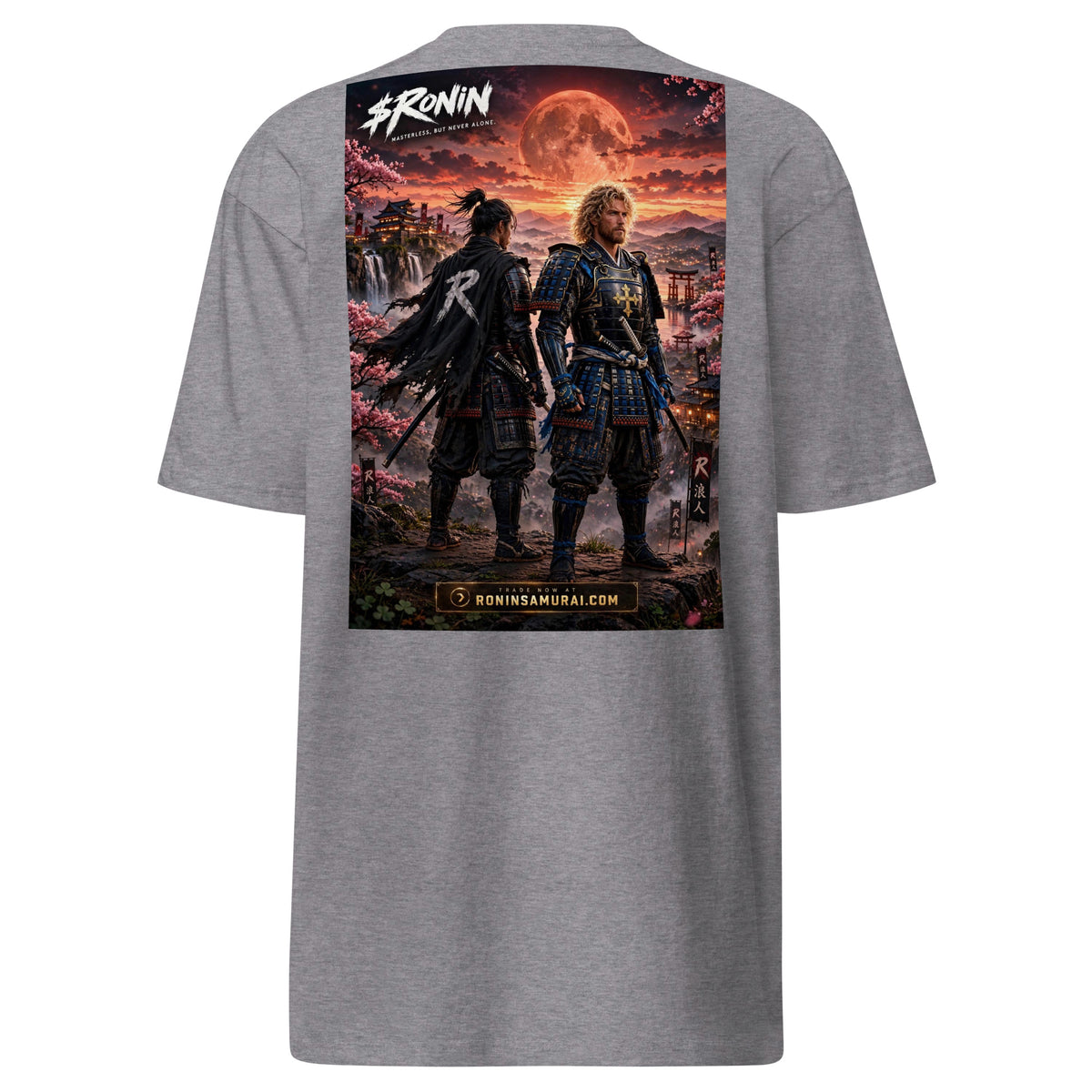 Sworn Brothers Ronin Tee, carbon grey back: two warriors, a dark-haired ronin and a golden-haired samurai in blue armor, under a blood-red moon with a white $RONIN