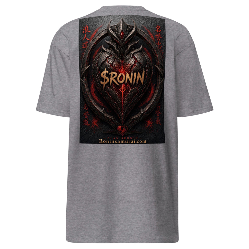 Obsidian Heart Ronin Tee, carbon grey back: spiked black armored heart with a glowing red core and $RONIN, red kanji at the sides