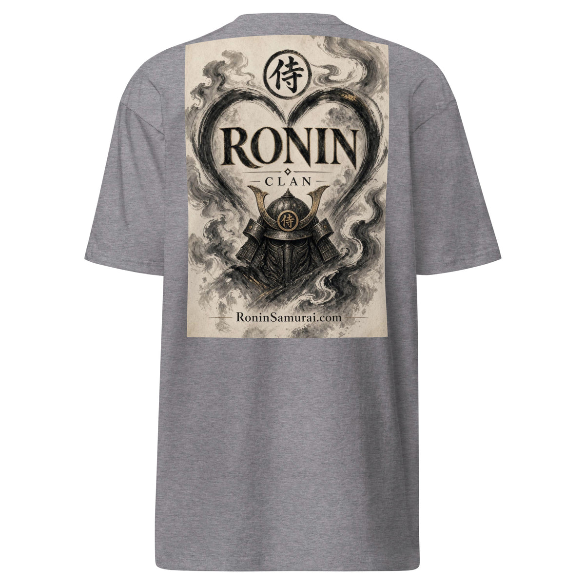 Ink Heart Ronin Clan Tee, carbon grey back: ink-wash heart around a kabuto helmet on cream paper, 侍 seal and RONIN CLAN