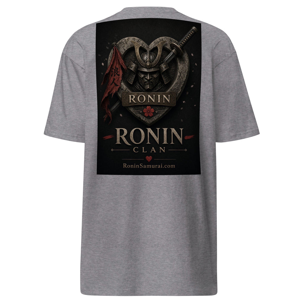 Kabuto Heart Ronin Clan Tee, carbon grey back: stone heart with a masked kabuto warrior, katana and red banner, RONIN CLAN