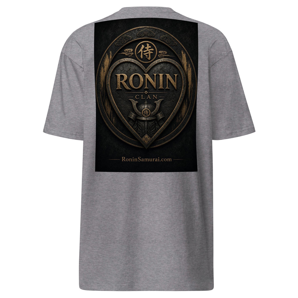 Bronze Crest Ronin Clan Tee, carbon grey back: bronze heart shield with the 侍 seal, RONIN CLAN and a kabuto emblem
