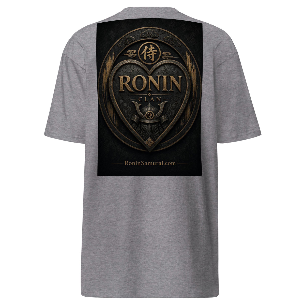 Bronze Crest Ronin Clan Tee, carbon grey back: bronze heart shield with the 侍 seal, RONIN CLAN and a kabuto emblem