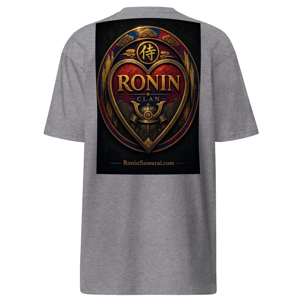 Royal Crest Ronin Clan Tee, carbon grey back: gilded red-and-gold heart shield with the 侍 seal, RONIN CLAN and kabuto emblem