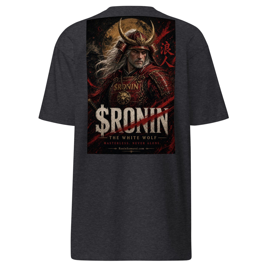 Silver-Haired Ronin Tee, charcoal heather back: back print of a silver-haired, scarred warrior in crimson armor and gold-horned kabuto under a bold $RONIN title