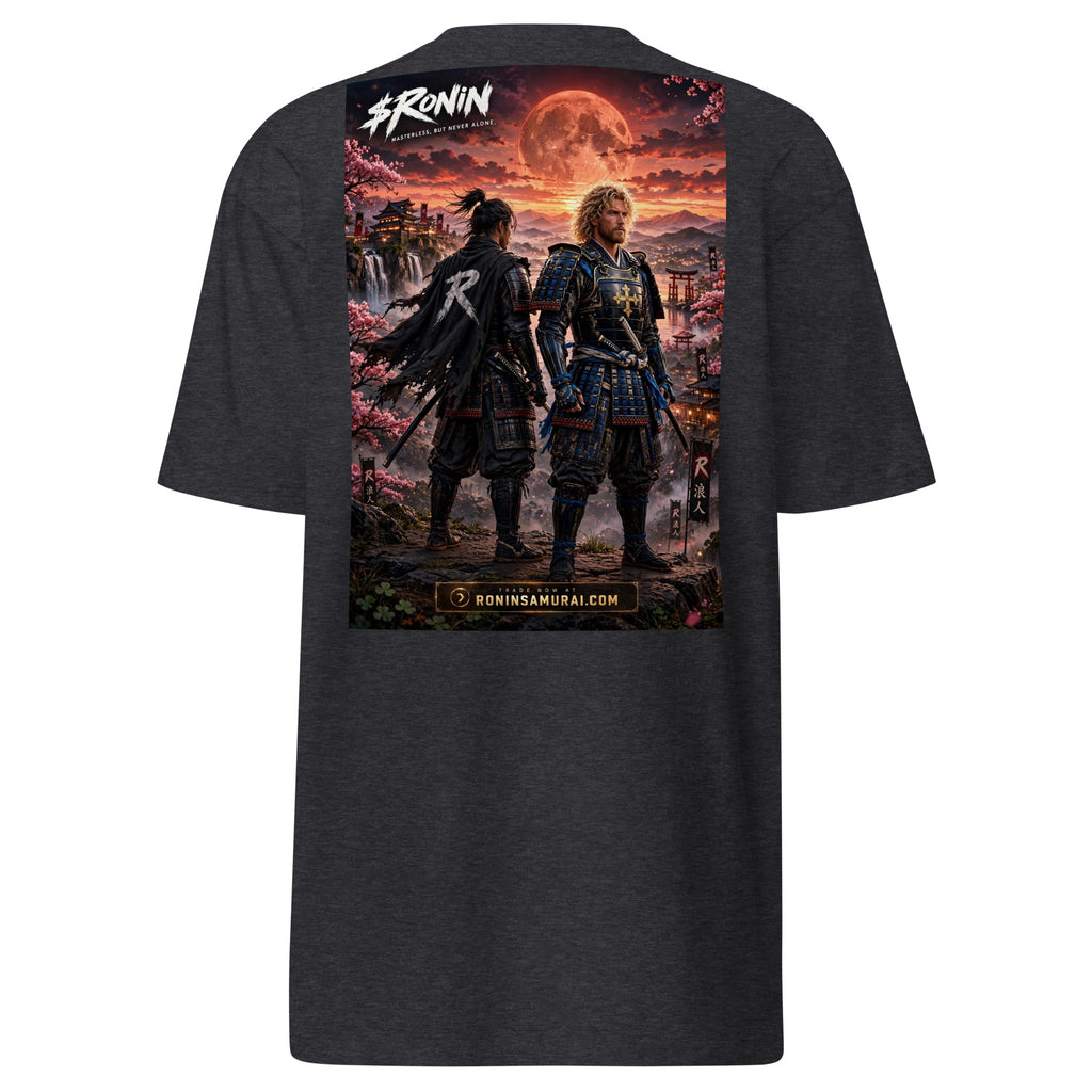 Sworn Brothers Ronin Tee, charcoal heather back: two warriors, a dark-haired ronin and a golden-haired samurai in blue armor, under a blood-red moon with a white $RONIN