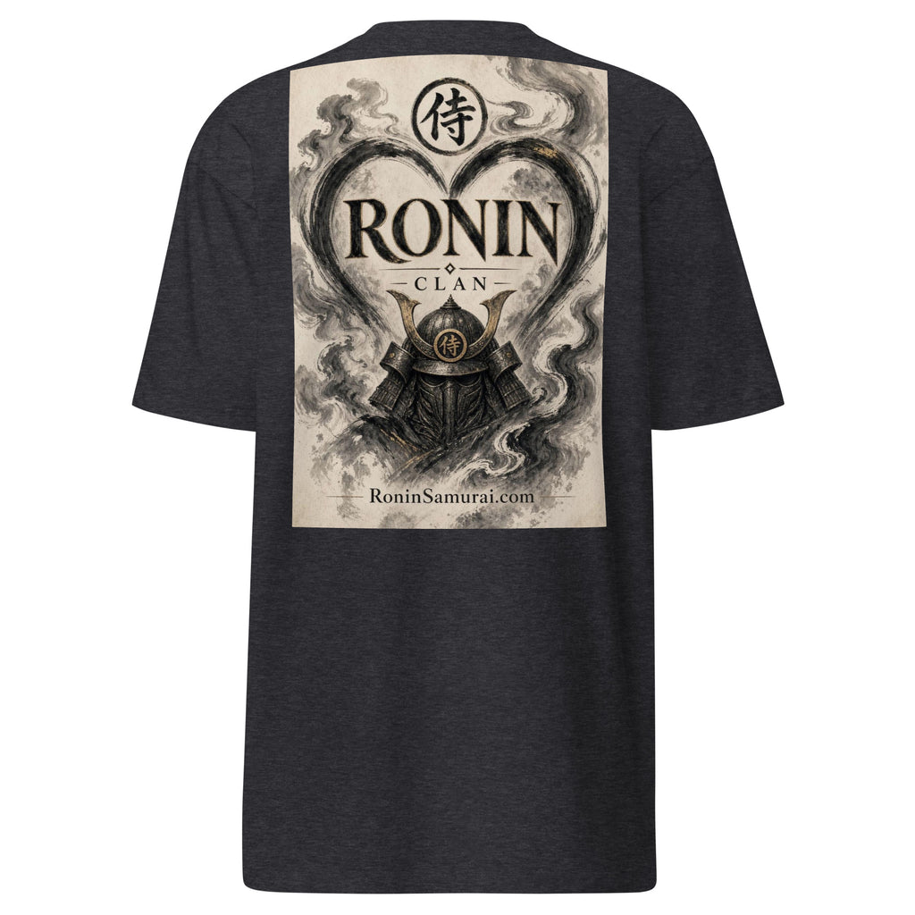 Ink Heart Ronin Clan Tee, charcoal heather back: ink-wash heart around a kabuto helmet on cream paper, 侍 seal and RONIN CLAN