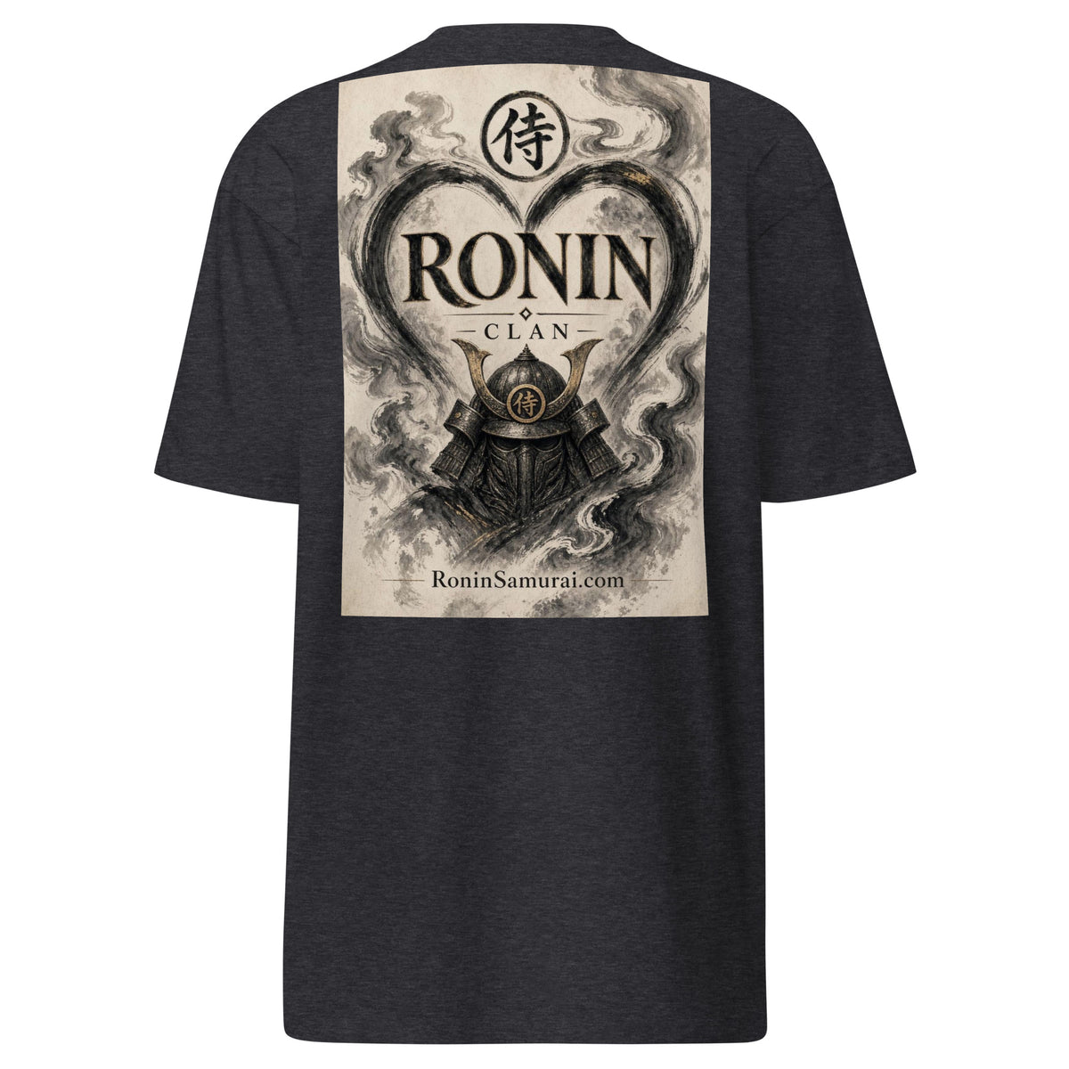 Ink Heart Ronin Clan Tee, charcoal heather back: ink-wash heart around a kabuto helmet on cream paper, 侍 seal and RONIN CLAN