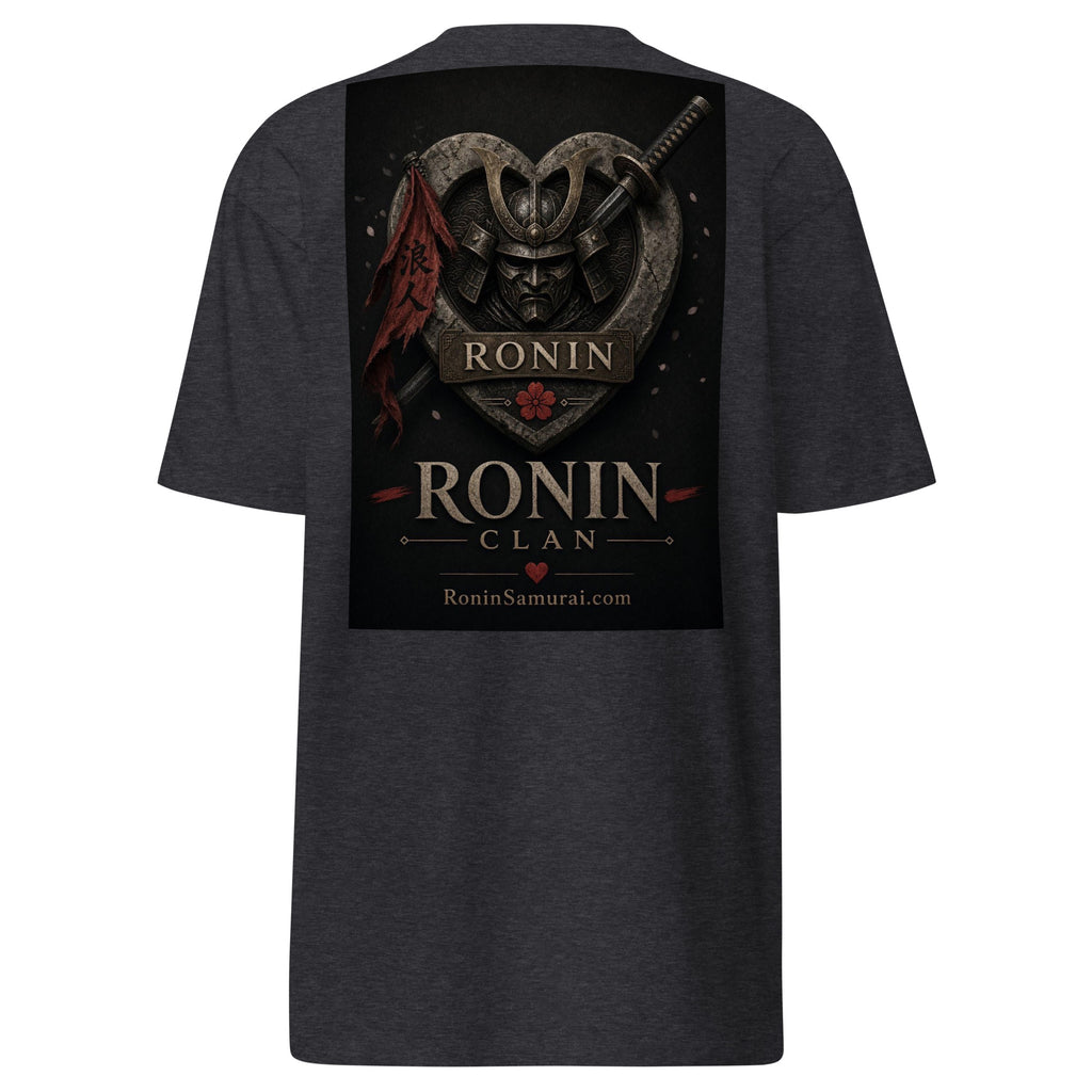 Kabuto Heart Ronin Clan Tee, charcoal heather back: stone heart with a masked kabuto warrior, katana and red banner, RONIN CLAN