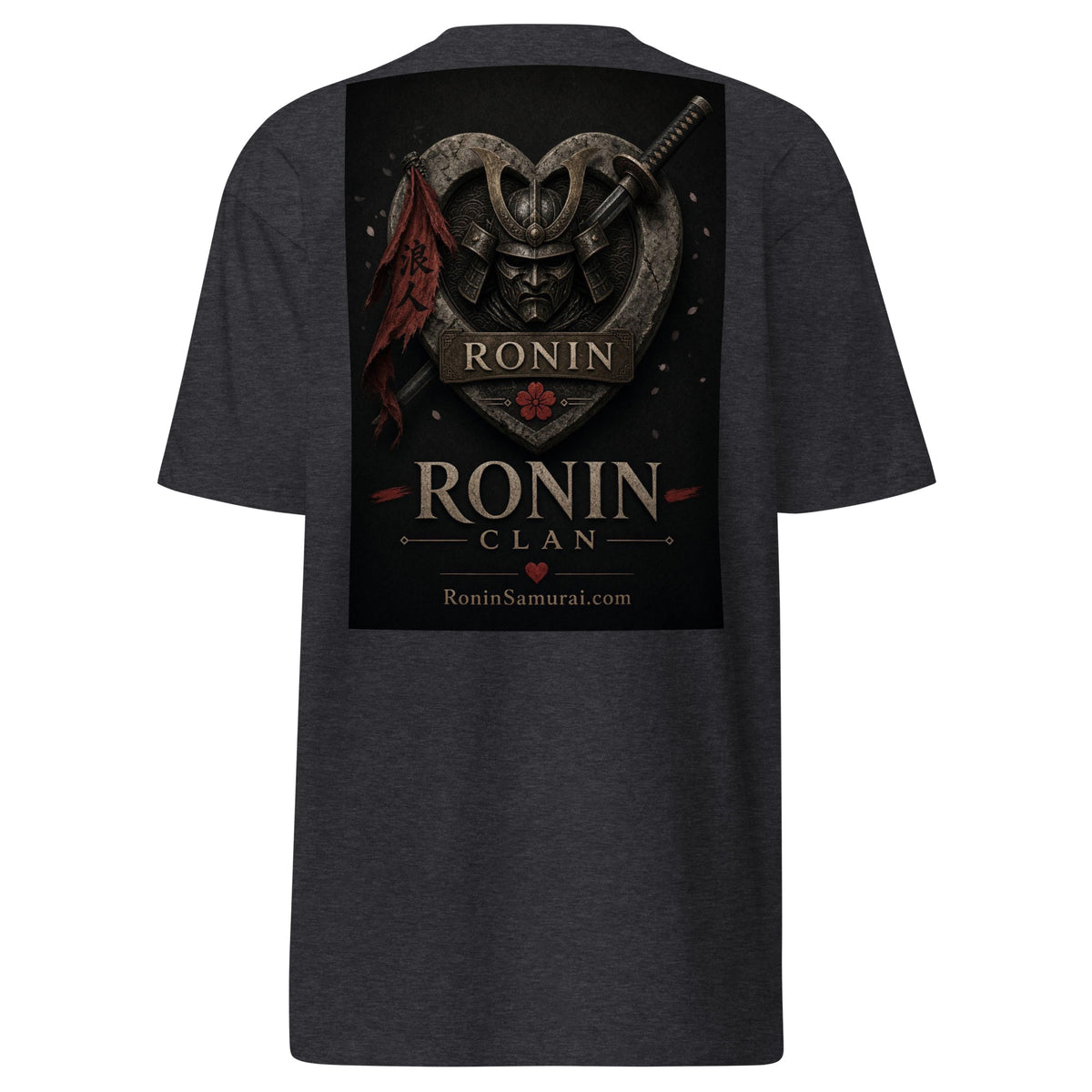 Kabuto Heart Ronin Clan Tee, charcoal heather back: stone heart with a masked kabuto warrior, katana and red banner, RONIN CLAN