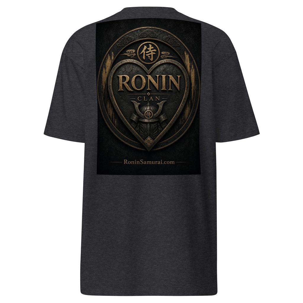 Bronze Crest Ronin Clan Tee, charcoal heather back: bronze heart shield with the 侍 seal, RONIN CLAN and a kabuto emblem