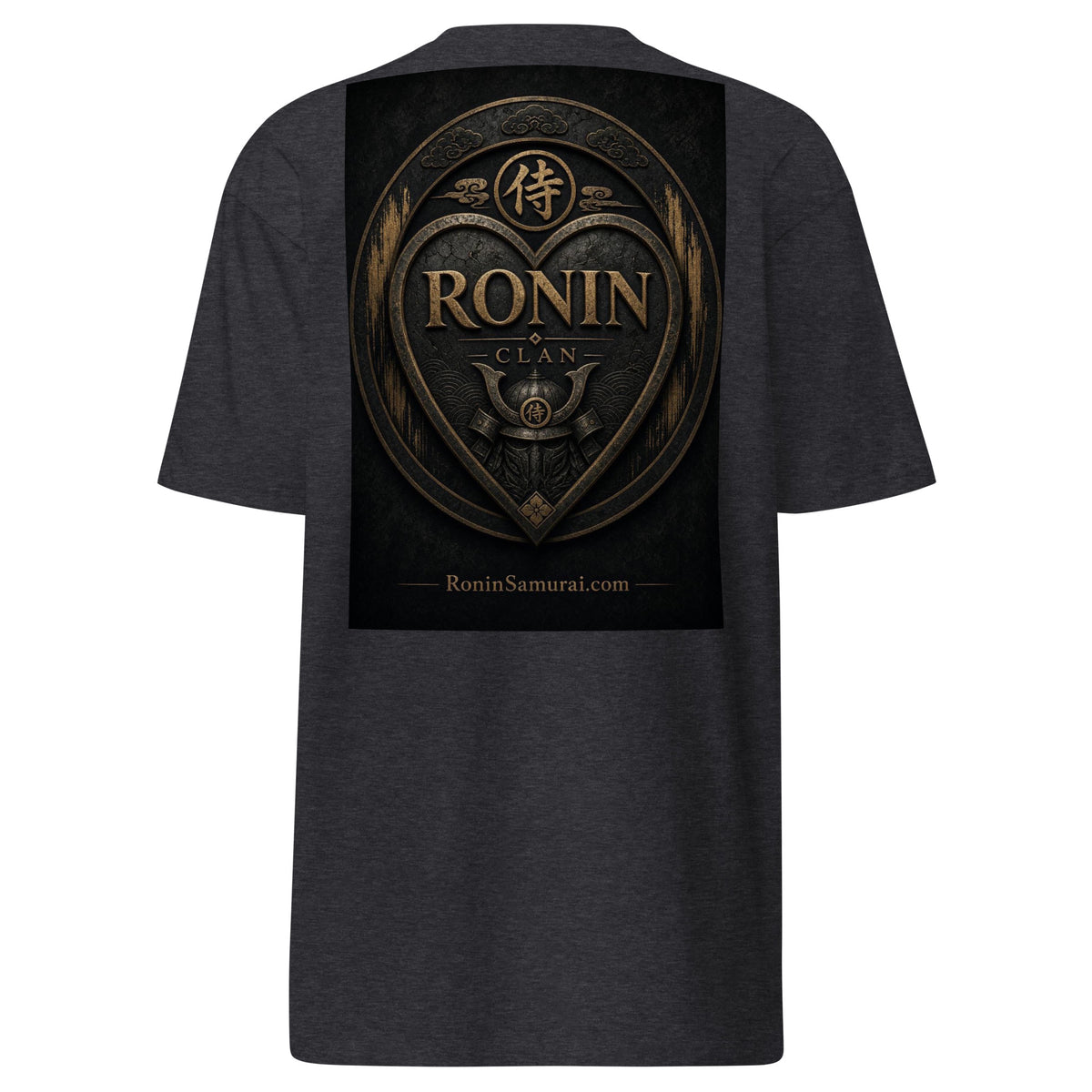 Bronze Crest Ronin Clan Tee, charcoal heather back: bronze heart shield with the 侍 seal, RONIN CLAN and a kabuto emblem