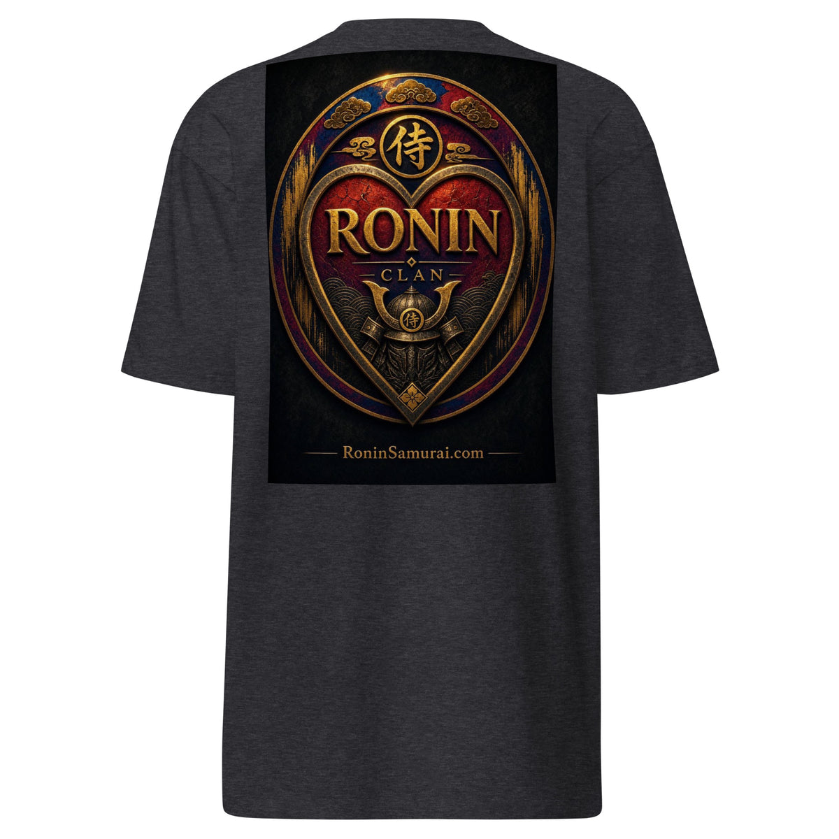 Royal Crest Ronin Clan Tee, charcoal heather back: gilded red-and-gold heart shield with the 侍 seal, RONIN CLAN and kabuto emblem