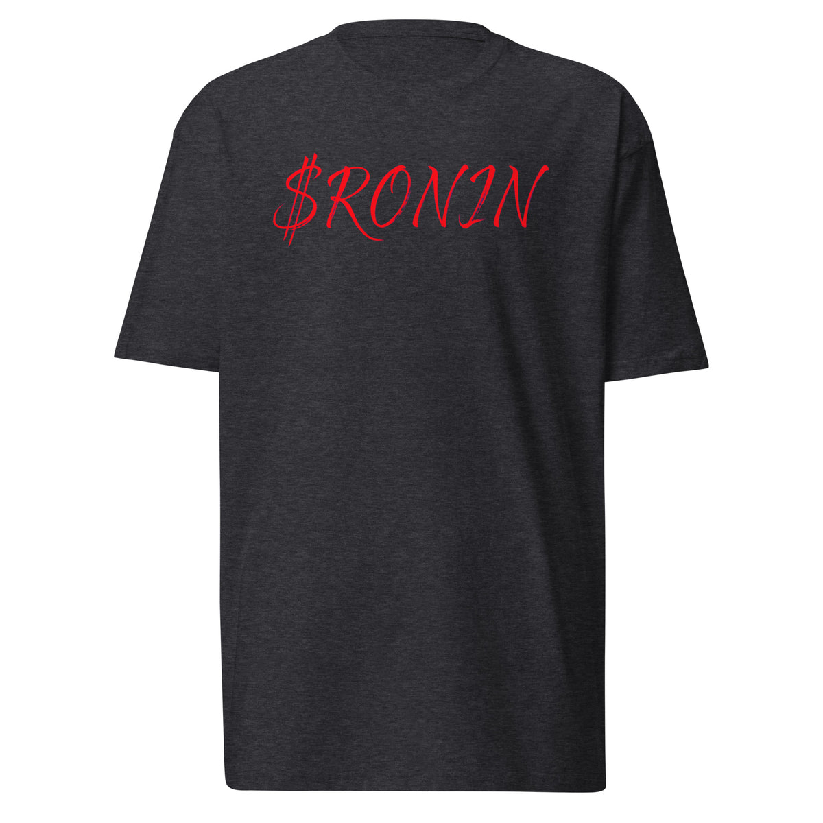 Bronze Crest Ronin Clan Tee, charcoal heather front: red script $RONIN on the chest