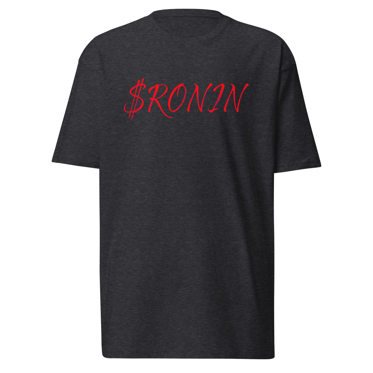 Royal Crest Ronin Clan Tee, charcoal heather front: red script $RONIN on the chest