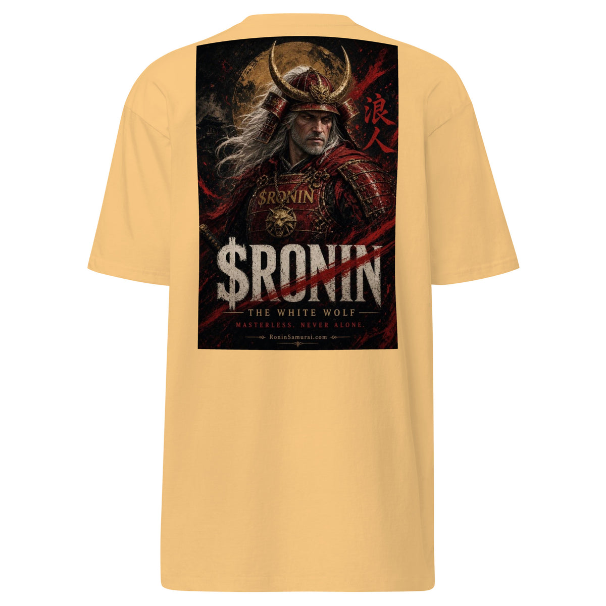 Silver-Haired Ronin Tee, vintage gold back: back print of a silver-haired, scarred warrior in crimson armor and gold-horned kabuto under a bold $RONIN title