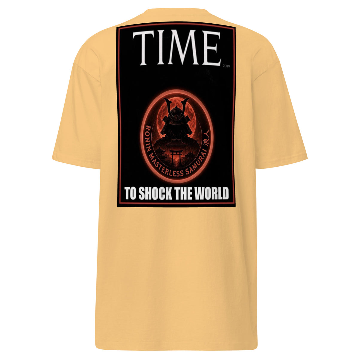 Ronin Cover Story Tee, vintage gold back: back print of a red-framed cover-style poster with the round RONIN samurai seal and TO SHOCK THE WORLD