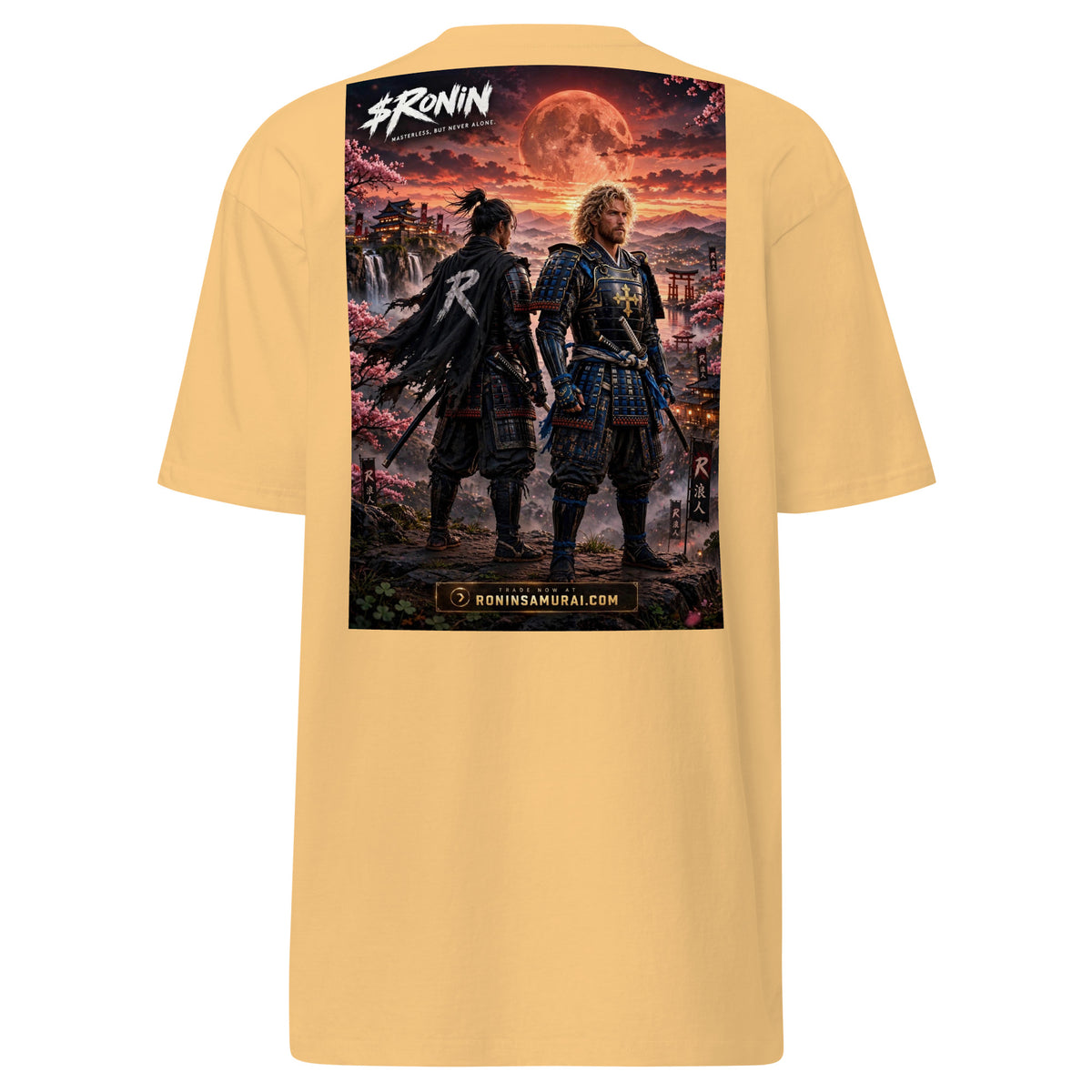 Sworn Brothers Ronin Tee, vintage gold back: two warriors, a dark-haired ronin and a golden-haired samurai in blue armor, under a blood-red moon with a white $RONIN