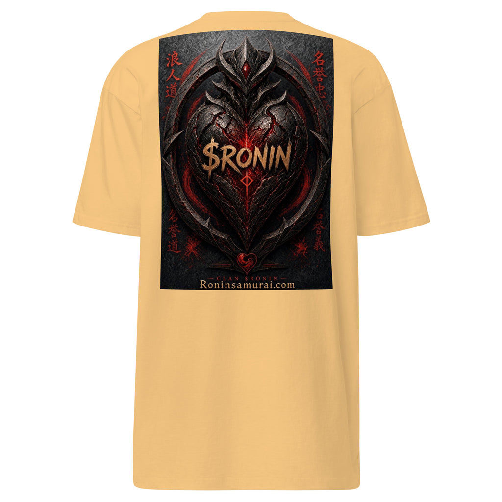 Obsidian Heart Ronin Tee, vintage gold back: spiked black armored heart with a glowing red core and $RONIN, red kanji at the sides