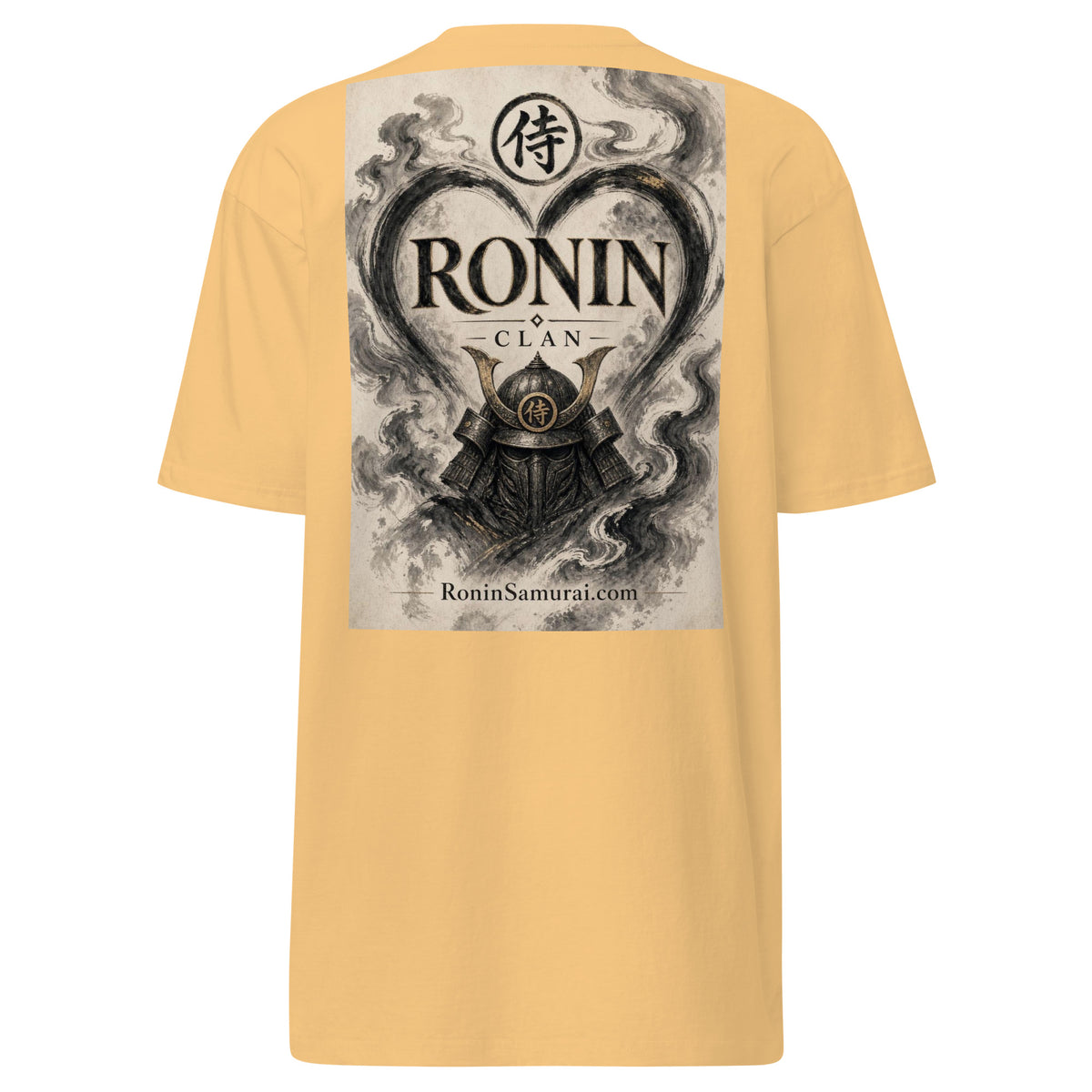 Ink Heart Ronin Clan Tee, vintage gold back: ink-wash heart around a kabuto helmet on cream paper, 侍 seal and RONIN CLAN