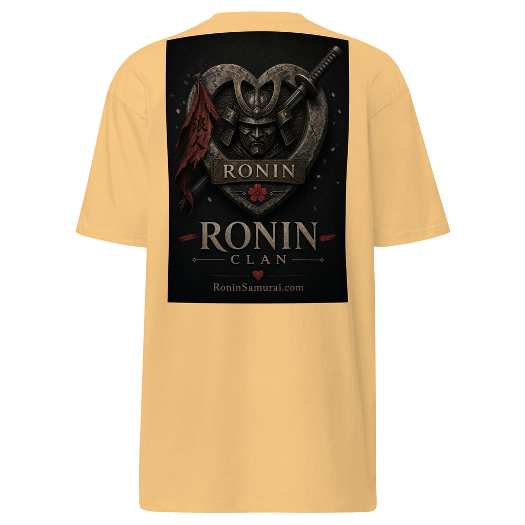 Kabuto Heart Ronin Clan Tee, vintage gold back: stone heart with a masked kabuto warrior, katana and red banner, RONIN CLAN