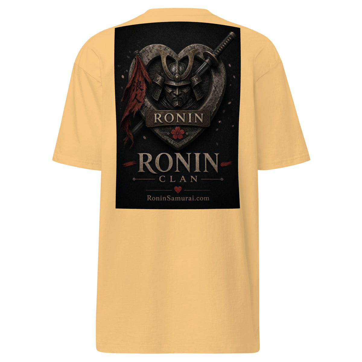 Kabuto Heart Ronin Clan Tee, vintage gold back: stone heart with a masked kabuto warrior, katana and red banner, RONIN CLAN