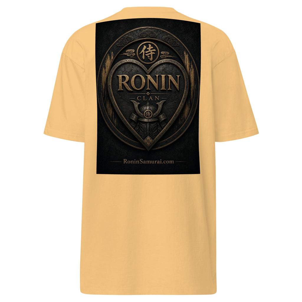 Bronze Crest Ronin Clan Tee, vintage gold back: bronze heart shield with the 侍 seal, RONIN CLAN and a kabuto emblem