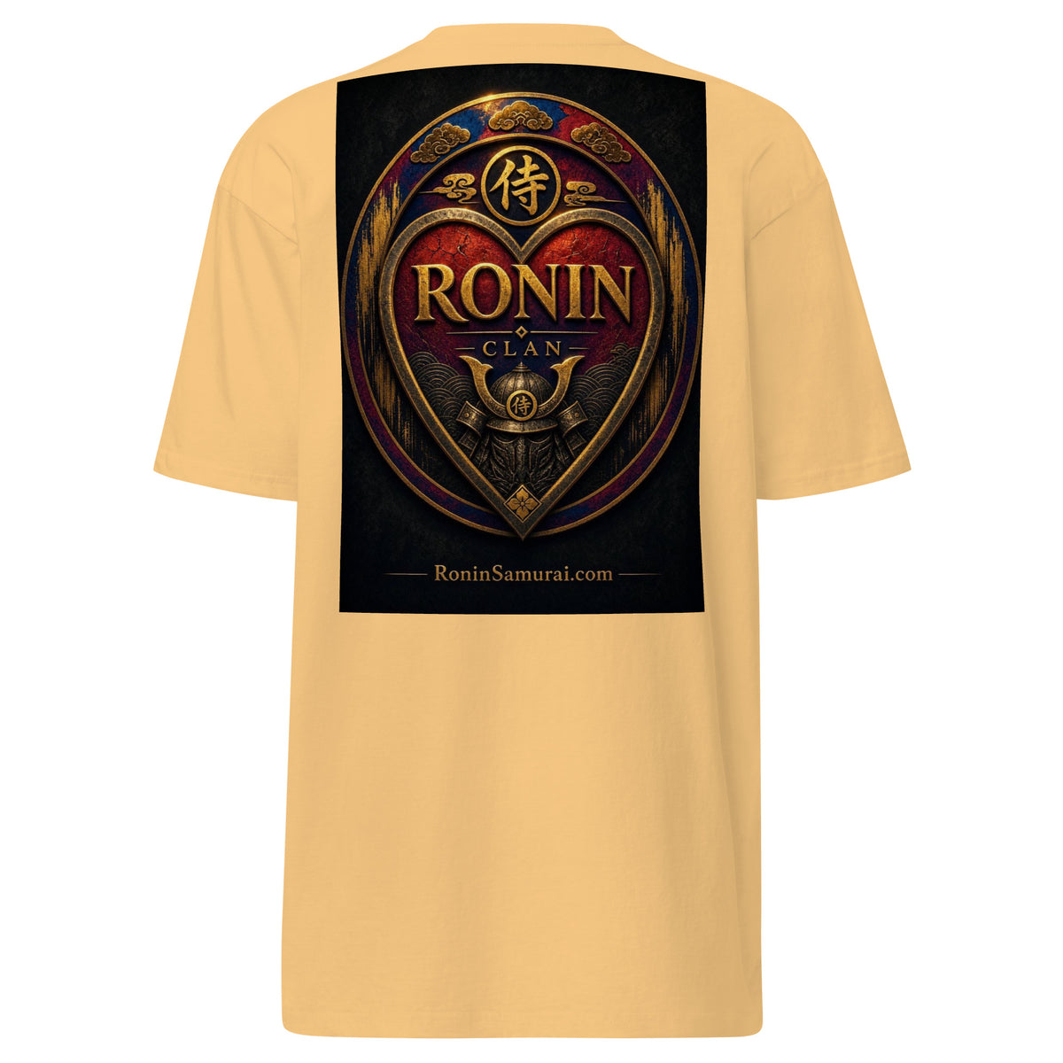 Royal Crest Ronin Clan Tee, vintage gold back: gilded red-and-gold heart shield with the 侍 seal, RONIN CLAN and kabuto emblem