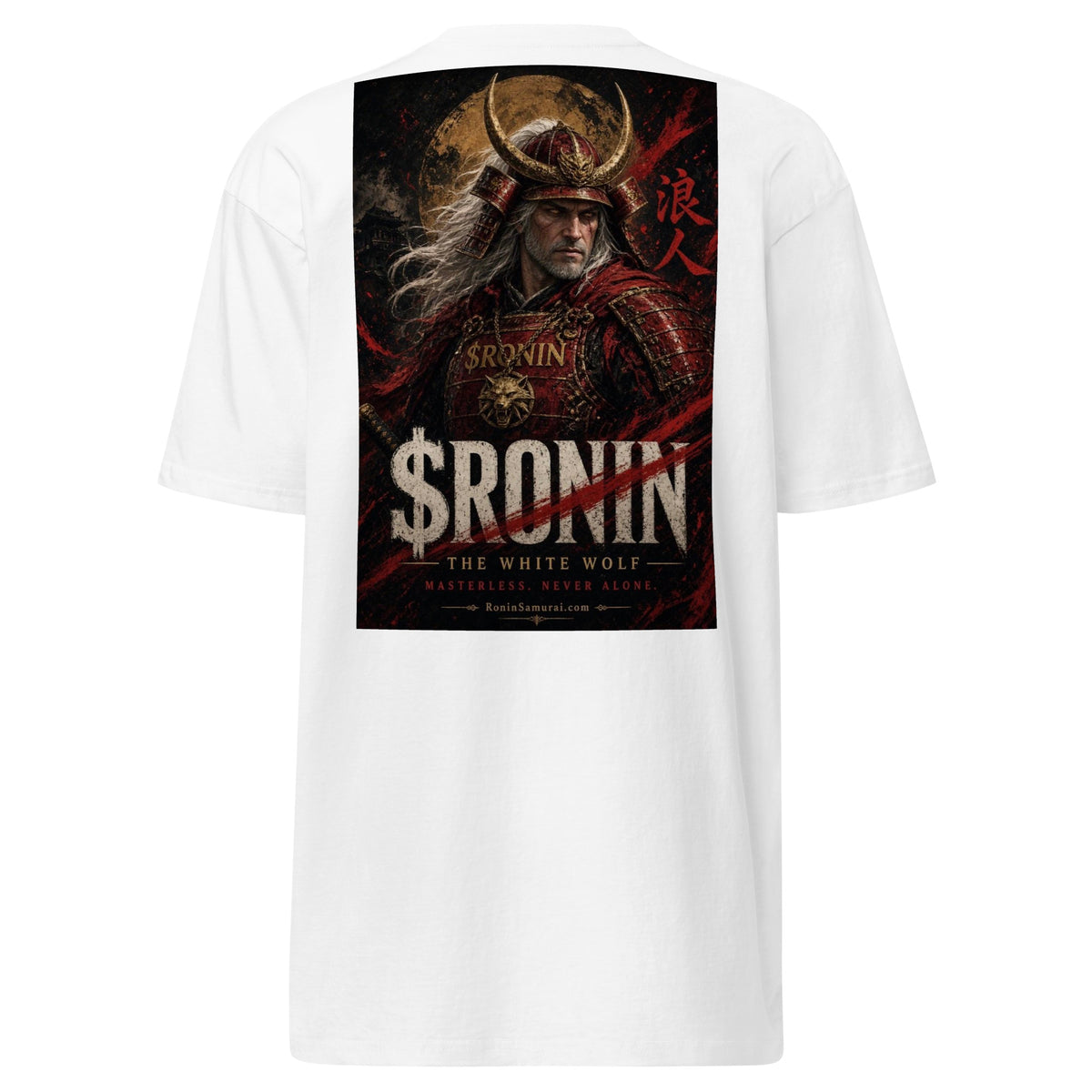 Silver-Haired Ronin Tee, white back: back print of a silver-haired, scarred warrior in crimson armor and gold-horned kabuto under a bold $RONIN title