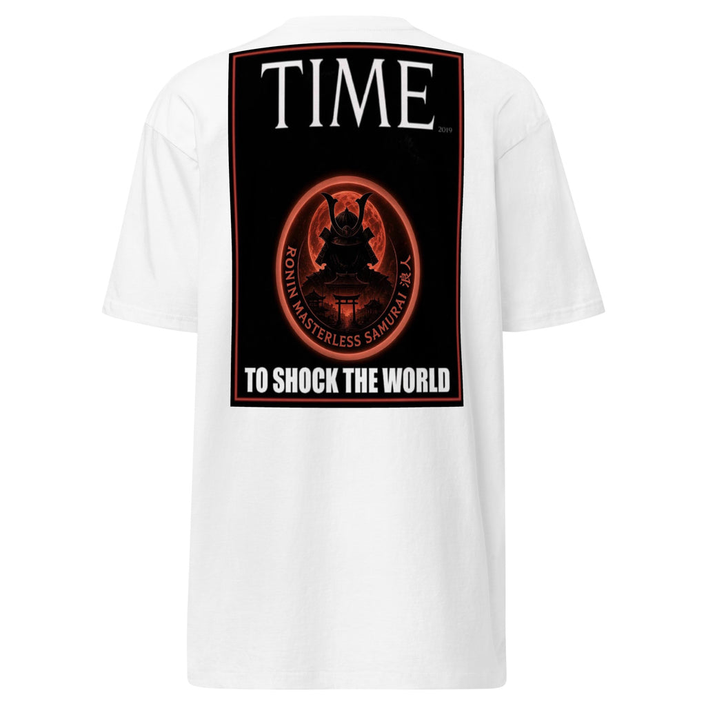 Ronin Cover Story Tee, white back: back print of a red-framed cover-style poster with the round RONIN samurai seal and TO SHOCK THE WORLD