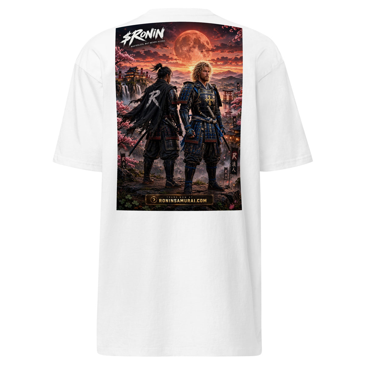 Sworn Brothers Ronin Tee, white back: two warriors, a dark-haired ronin and a golden-haired samurai in blue armor, under a blood-red moon with a white $RONIN
