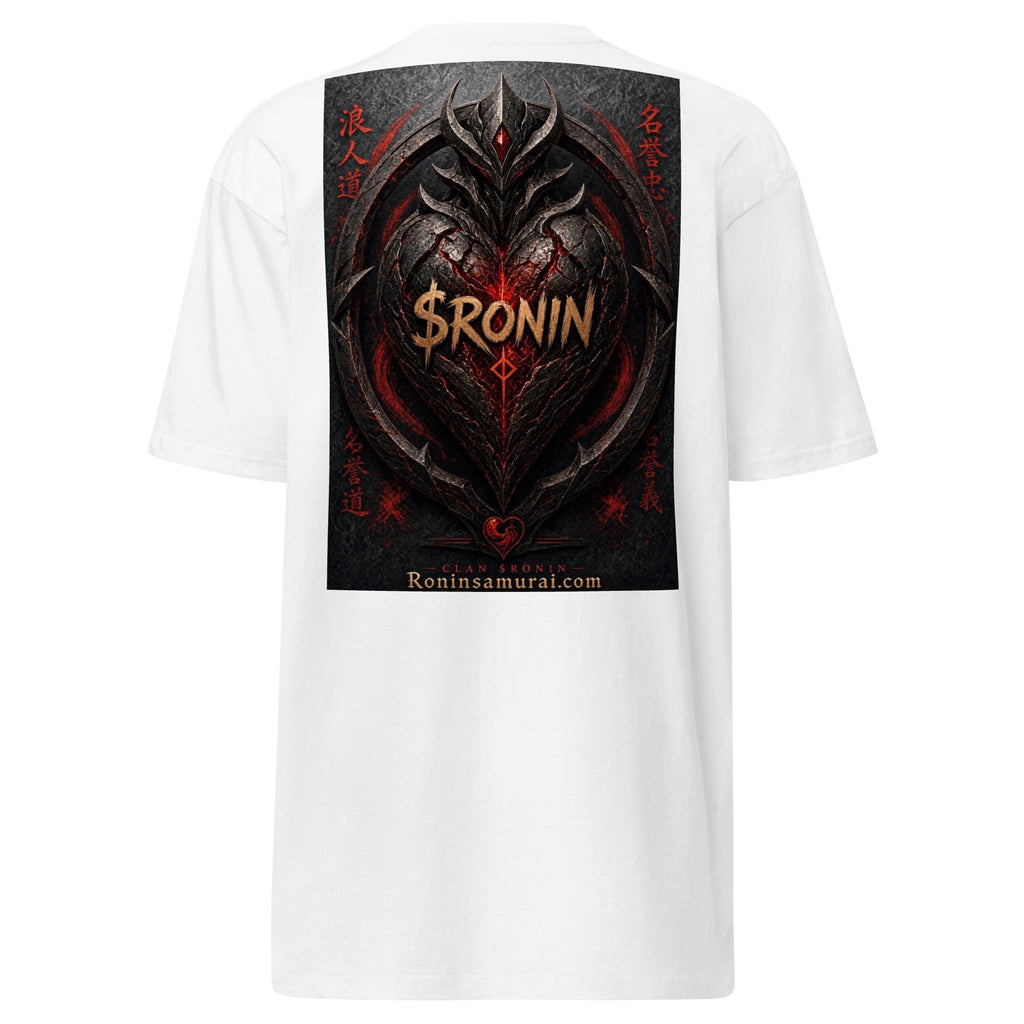 Obsidian Heart Ronin Tee, white back: spiked black armored heart with a glowing red core and $RONIN, red kanji at the sides