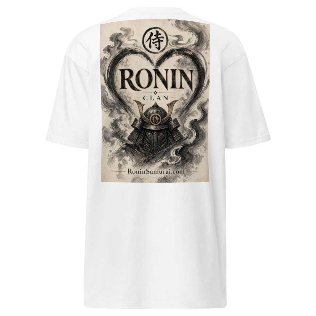 Ink Heart Ronin Clan Tee, white back: ink-wash heart around a kabuto helmet on cream paper, 侍 seal and RONIN CLAN