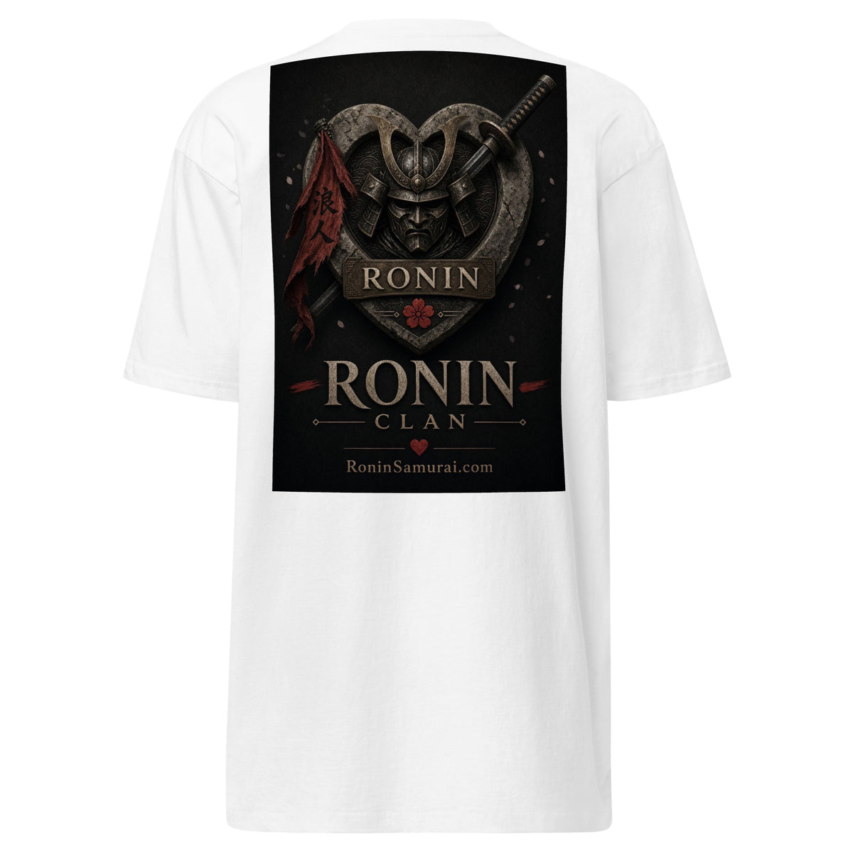 Kabuto Heart Ronin Clan Tee, white back: stone heart with a masked kabuto warrior, katana and red banner, RONIN CLAN