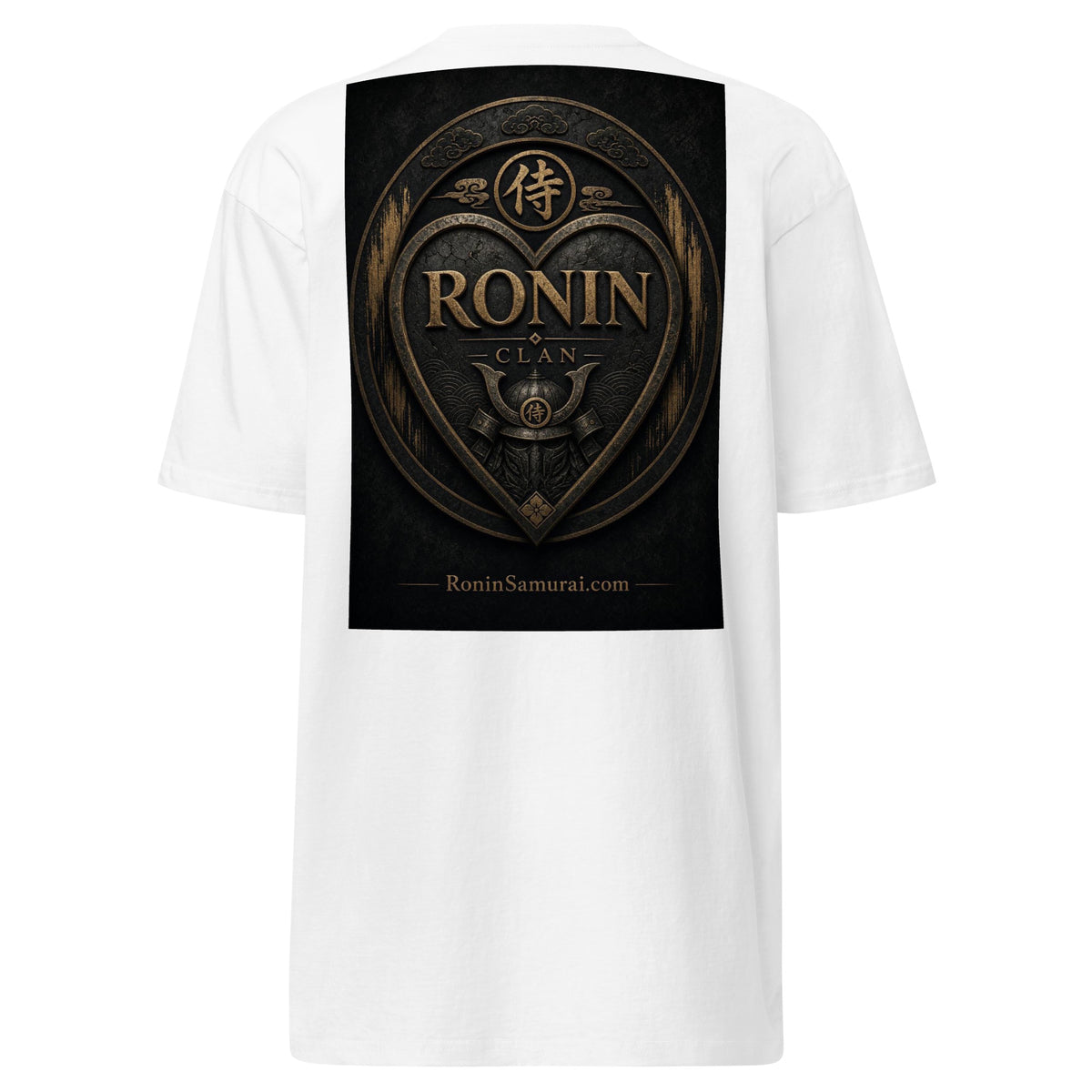 Bronze Crest Ronin Clan Tee, white back: bronze heart shield with the 侍 seal, RONIN CLAN and a kabuto emblem