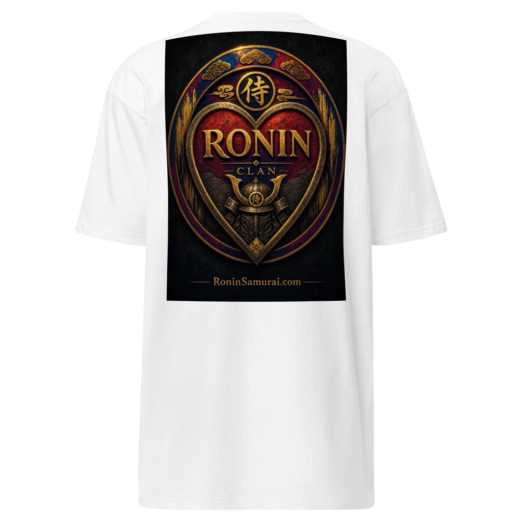 Royal Crest Ronin Clan Tee, white back: gilded red-and-gold heart shield with the 侍 seal, RONIN CLAN and kabuto emblem