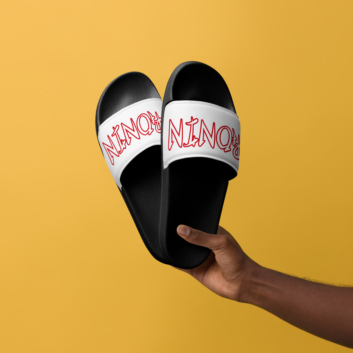 $RONIN Men's Slides: white slide straps with red brush-script $RONIN