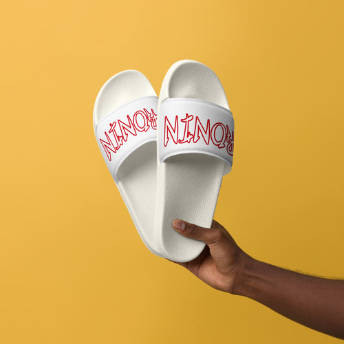 $RONIN Men's Slides: white slide straps with red brush-script $RONIN