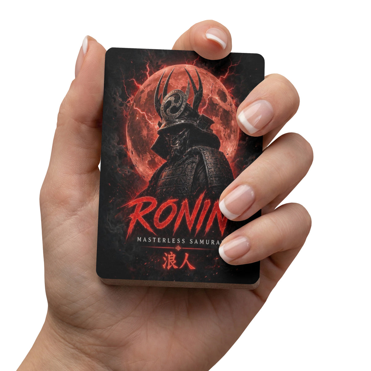 Blood Moon Ronin Playing Cards: card back with a horned samurai before a blood-red moon, red RONIN lettering