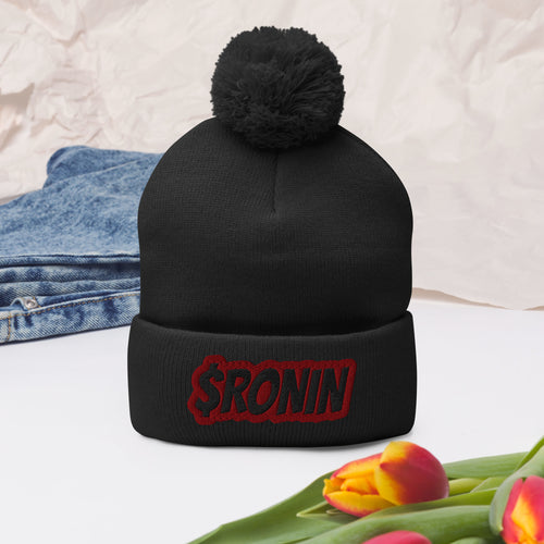 $RONIN Embroidered Pom-Pom Beanie: embroidered $RONIN wordmark on the cuff, pom-pom on top