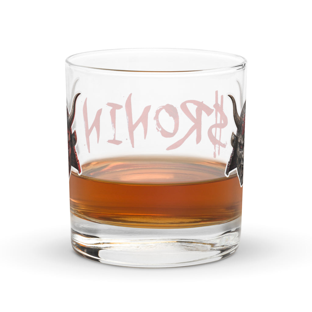 $RONIN Rocks Glass: rocks glass with red brush-script $RONIN and horned oni silhouettes