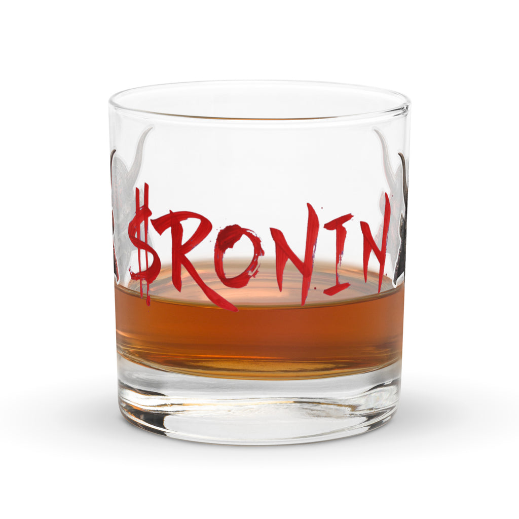 $RONIN Rocks Glass: rocks glass with red brush-script $RONIN and horned oni silhouettes