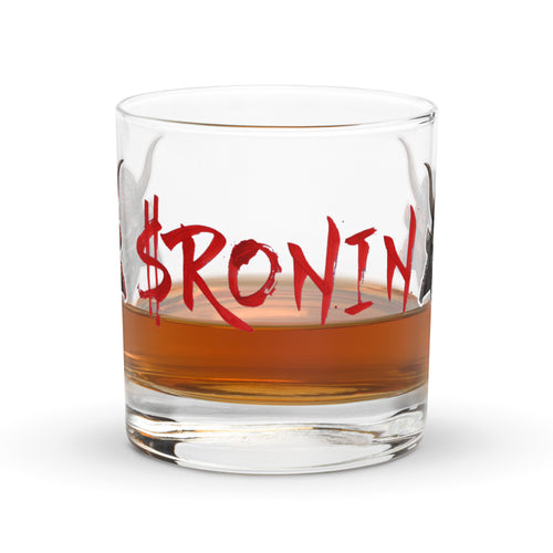 $RONIN Rocks Glass: rocks glass with red brush-script $RONIN and horned oni silhouettes