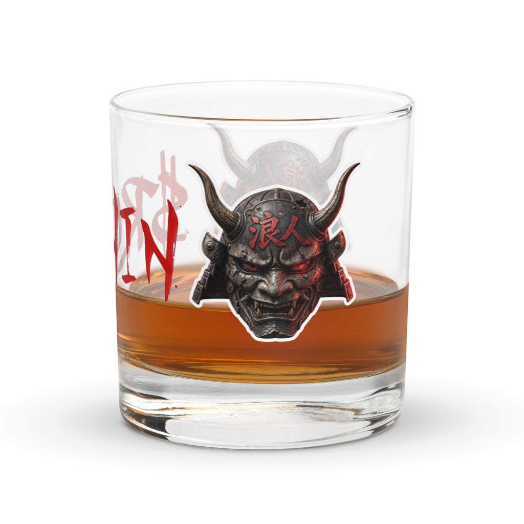 $RONIN Rocks Glass: rocks glass with red brush-script $RONIN and horned oni silhouettes