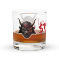$RONIN Rocks Glass: rocks glass with red brush-script $RONIN and horned oni silhouettes