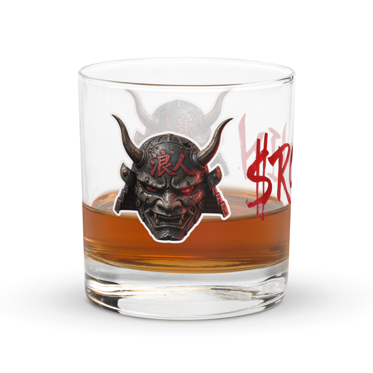 $RONIN Rocks Glass: rocks glass with red brush-script $RONIN and horned oni silhouettes