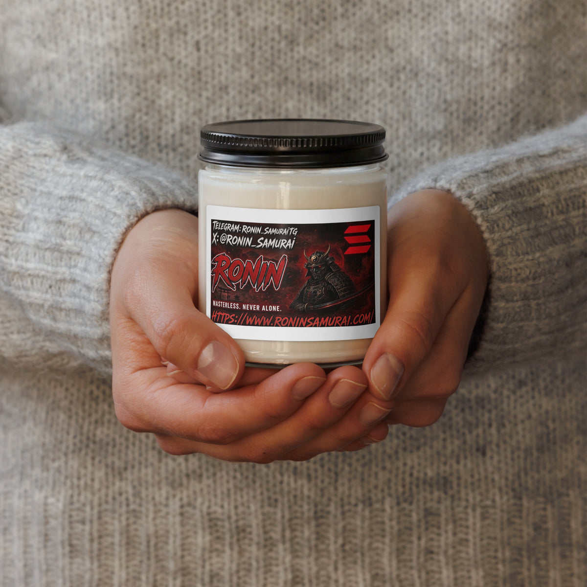 Ronin Clan Banner Soy Candle: glass jar candle with the red RONIN banner label