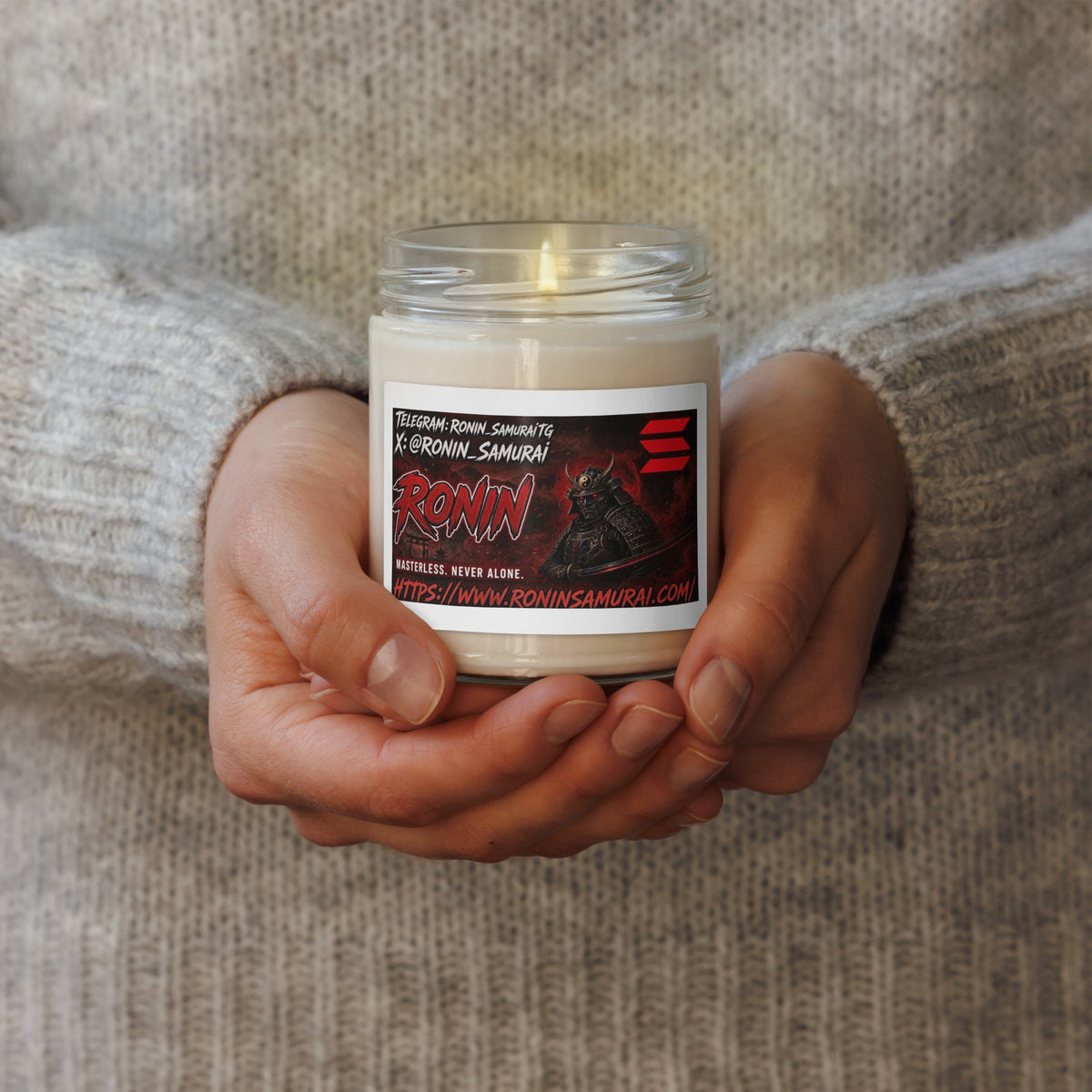 Ronin Clan Banner Soy Candle: glass jar candle with the red RONIN banner label